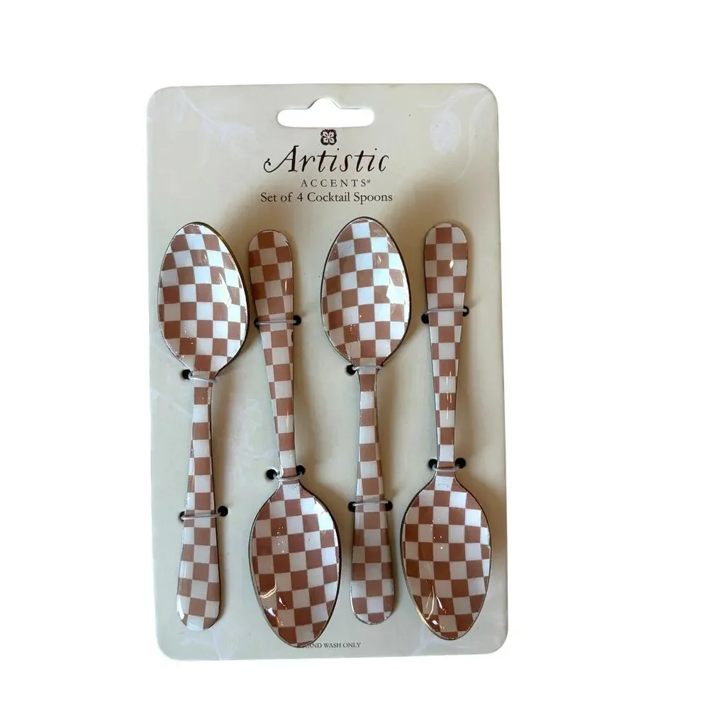 Artistic Accents Checkered Cocktail Spoons Set of 4 Enameled Taupe & White New